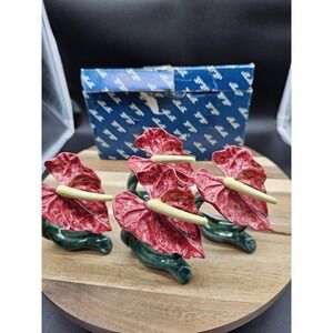Set Of 4 Vintage Fitz & Floyd Napkin Rings Anthurium Flowers Hawaiian Style